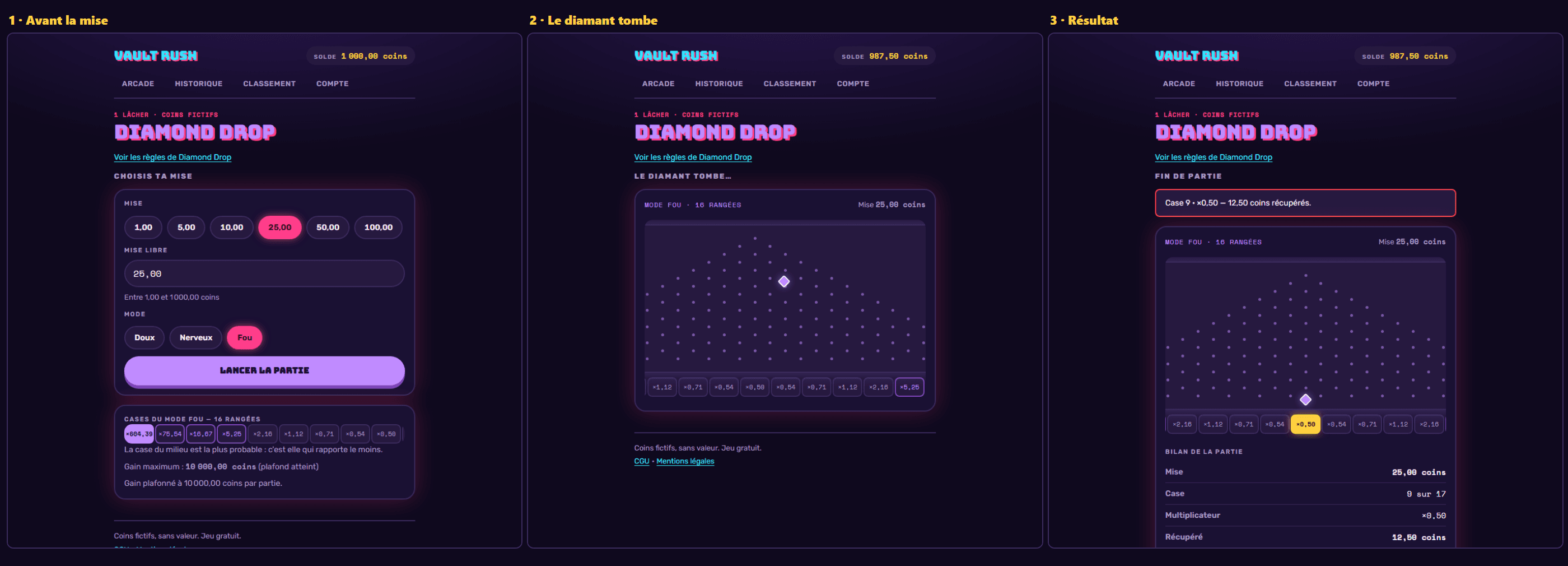 Diamond Drop : la bille tombe entre les clous vers une case à multiplicateur.